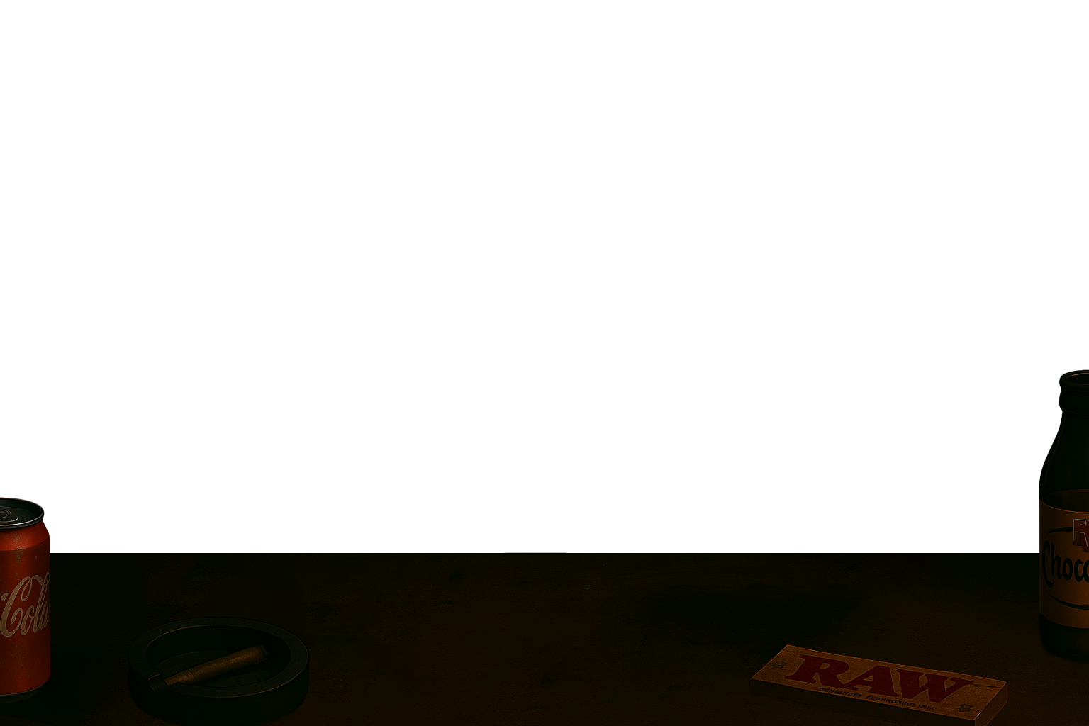 A dark wooden desk surface with a soda can, ashtray with cigar, rolling papers, and a bottle.